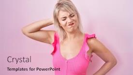  Presentation with injury - PPT layouts consisting of young-caucasian-woman-standing-over background and a  colored foreground