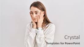  Presentation with sadness - PPT layouts featuring young-caucasian-woman-standing-over background and a light gray colored foreground