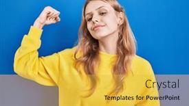  Presentation with standing strong - Slide set with young-caucasian-woman-standing-over background and a yellow colored foreground
