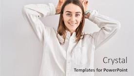  Presentation with bunny - PPT theme consisting of young-caucasian-woman-standing-over background and a light gray colored foreground