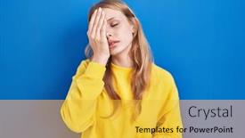  Presentation with face pain - Presentation design featuring young-caucasian-woman-standing-over background and a yellow colored foreground
