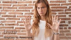  Presentation with forbidden - Theme having young-caucasian-woman-standing-over background and a coral colored foreground