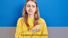  Presentation with forefinger - Slides having young-caucasian-woman-standing-over background and a yellow colored foreground