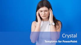  Presentation with migraine - PPT theme with young-caucasian-woman-standing-over background and a teal colored foreground