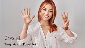  Presentation with eight - PPT theme having young-caucasian-woman-standing-over background and a soft green colored foreground