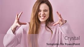  Presentation with yelling - Presentation enhanced with young-caucasian-woman-standing-over background and a soft green colored foreground