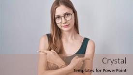  Presentation with direction - PPT theme with young-caucasian-woman-standing-over background and a coral colored foreground