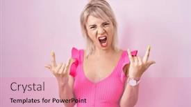  Presentation with rock star - Slide set with young-caucasian-woman-standing-over background and a coral colored foreground