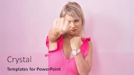  Presentation with violence - Presentation design featuring young-caucasian-woman-standing-over background and a coral colored foreground