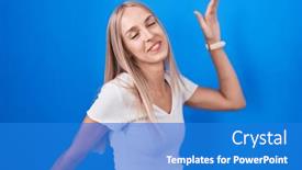  Presentation with blue music - PPT theme consisting of young-caucasian-woman-standing-over background and a teal colored foreground