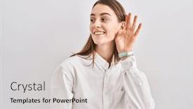  Presentation with hearing - PPT theme with young-caucasian-woman-standing-over background and a light gray colored foreground