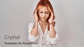  Presentation with migraine - PPT layouts having young-caucasian-woman-standing-over background and a soft green colored foreground