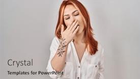  Presentation with sleepiness - Presentation theme with young-caucasian-woman-standing-over background and a  colored foreground