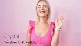  Presentation with saying - PPT theme having young-caucasian-woman-standing-over background and a coral colored foreground