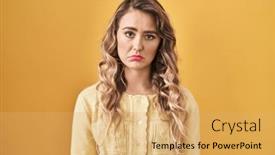  Presentation with crying - Theme featuring young-caucasian-woman-standing-over background and a yellow colored foreground