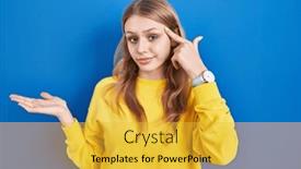  Presentation with think - PPT theme consisting of young-caucasian-woman-standing-over background and a yellow colored foreground