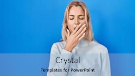  Presentation with sleepiness - Slide set consisting of young-caucasian-woman-standing-over background and a light blue colored foreground