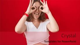  Presentation with tongue - PPT layouts enhanced with young-caucasian-woman-standing-over background and a crimson colored foreground