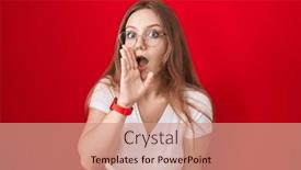  Presentation with talk - PPT theme having young-caucasian-woman-standing-over background and a coral colored foreground