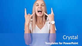  Presentation with rock star - Slide set having young-caucasian-woman-standing-over background and a teal colored foreground