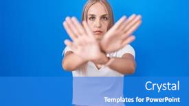  Presentation with negative - PPT theme featuring young-caucasian-woman-standing-over background and a teal colored foreground