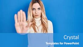  Presentation with sing - Slide set consisting of young-caucasian-woman-standing-over background and a teal colored foreground