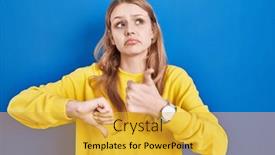  Presentation with conflict - PPT layouts consisting of young-caucasian-woman-standing-over background and a yellow colored foreground