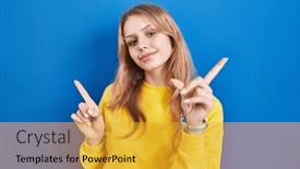  Presentation with advertisement - PPT theme enhanced with young-caucasian-woman-standing-over background and a gold colored foreground