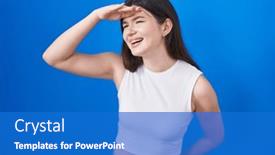  Presentation with far away - Theme consisting of young-caucasian-woman-standing-over background and a cobalt blue colored foreground