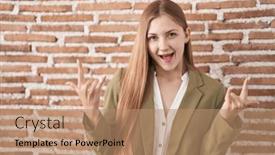  Presentation with rock star - PPT theme with young-caucasian-woman-standing-over background and a coral colored foreground