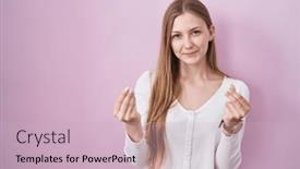  Presentation with business pink - Slide deck having young-caucasian-woman-standing-over background and a soft green colored foreground