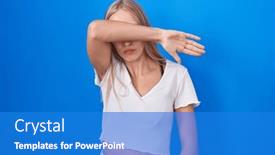  Presentation with sad woman - Presentation with young-caucasian-woman-standing-over background and a cobalt blue colored foreground