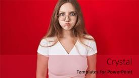  Presentation with puffing - Presentation theme having young-caucasian-woman-standing-over background and a crimson colored foreground