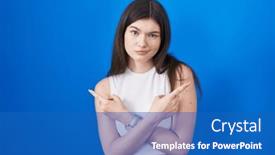  Presentation with direction - Presentation theme enhanced with young-caucasian-woman-standing-over background and a teal colored foreground