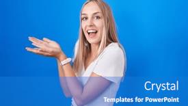  Presentation with woman hands open - Presentation with young-caucasian-woman-standing-over background and a teal colored foreground