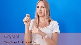  Presentation with blue - PPT theme with young-caucasian-woman-standing-over background and a coral colored foreground