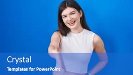  Presentation with blue handshake - Presentation design with young-caucasian-woman-standing-over and a  colored foreground