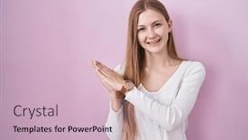  Presentation with joyful - PPT theme enhanced with young-caucasian-woman-standing-over background and a soft green colored foreground