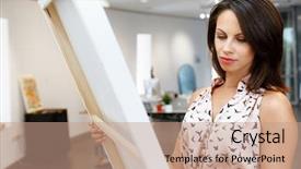  Presentation with art gallery - Cool new PPT theme with young caucasian woman standing in art gallery front of paintings backdrop and a coral colored foreground