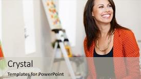  Presentation with art gallery - PPT layouts having young caucasian woman standing in art gallery front of paintings background and a light gray colored foreground