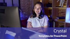  Presentation with streamer - PPT theme enhanced with young-caucasian-woman-streamer-smiling background and a navy blue colored foreground