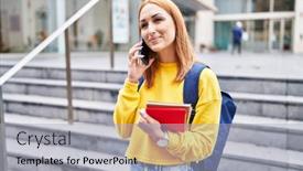  Presentation with student - PPT theme consisting of young-caucasian-woman-student-smiling background and a light gray colored foreground