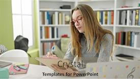  Presentation with university library - Slide set featuring young-caucasian-woman-student-writing background and a coral colored foreground