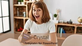  Presentation with home - PPT theme enhanced with young-caucasian-woman-suprised-looking background and a coral colored foreground