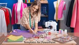  Presentation with sewing - Presentation design with young-caucasian-woman-tailor-cutting background and a coral colored foreground