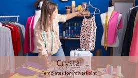  Presentation with sewing - Theme consisting of young-caucasian-woman-tailor-holding background and a coral colored foreground