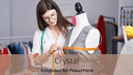  Presentation with measuring - Slide set featuring young-caucasian-woman-tailor-measuring background and a coral colored foreground