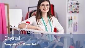  Presentation with clothes shop - Presentation theme consisting of young-caucasian-woman-tailor-smiling background and a  colored foreground