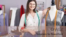  Presentation with confident - Slide set enhanced with young-caucasian-woman-tailor-smiling background and a  colored foreground