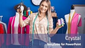  Presentation with thread - Presentation theme having young-caucasian-woman-tailor-smiling background and a  colored foreground